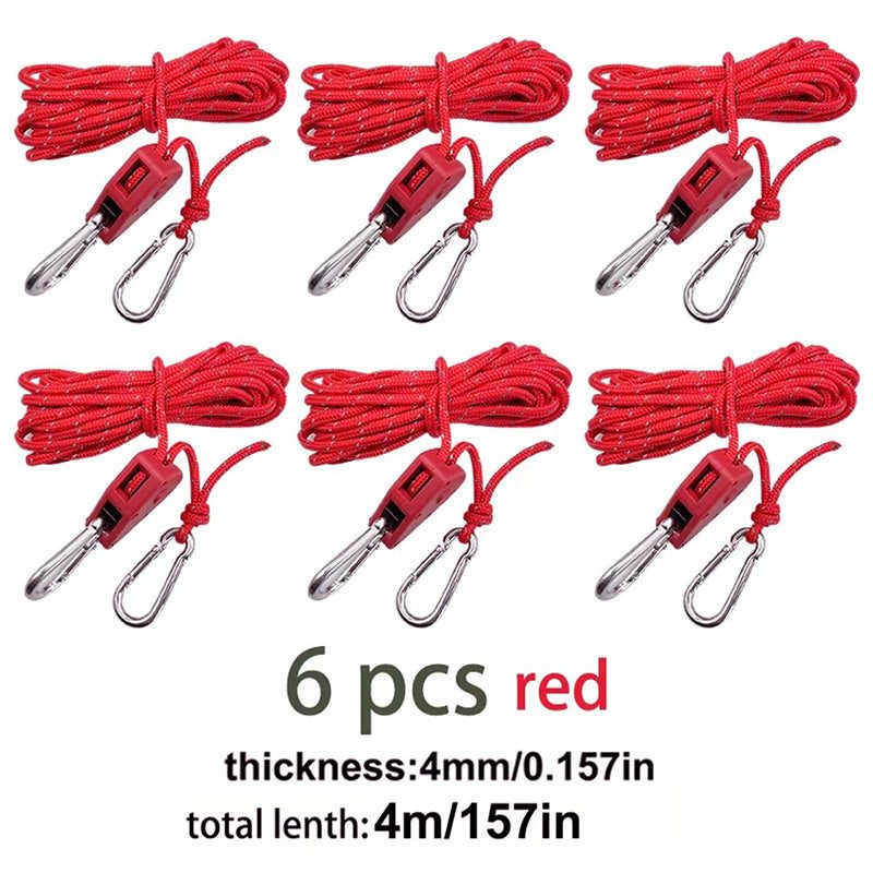4M 6Pcs Reflective Tent Rope Set – Camping Guy Lines with Tension Buckles, Ratchet Hangers & Awning Tie-Downs, Outdoor