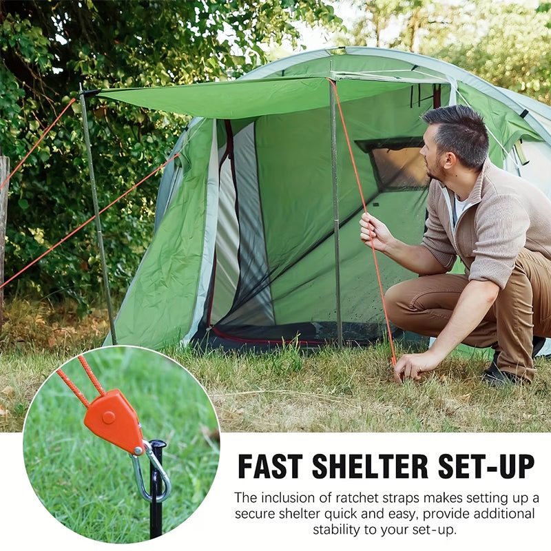 4M 6Pcs Reflective Tent Rope Set – Camping Guy Lines with Tension Buckles, Ratchet Hangers & Awning Tie-Downs, Outdoor