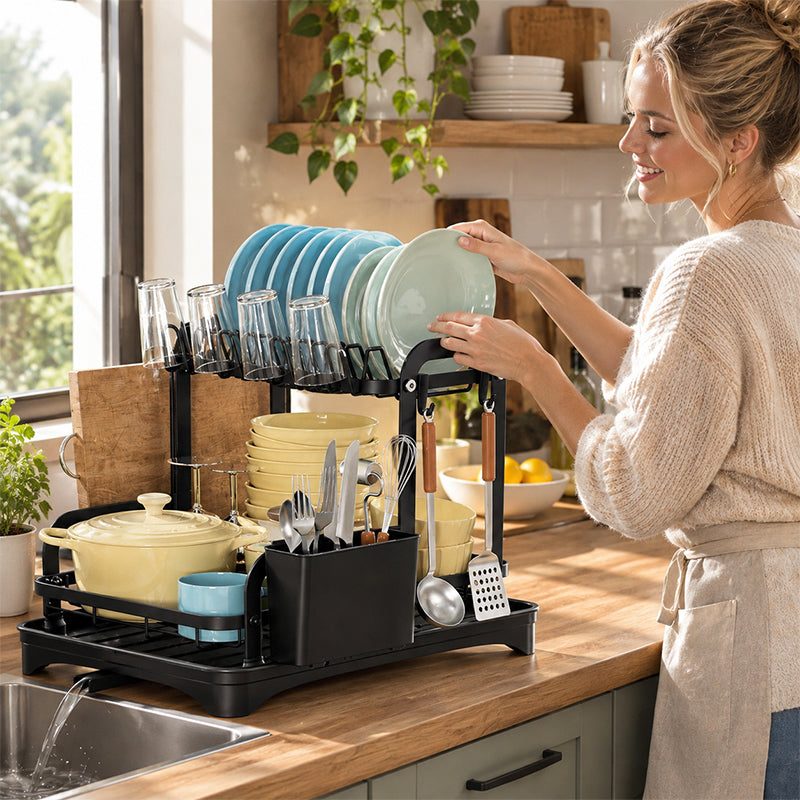 2-Tier Dish Drying Rack – Space-Saving Countertop Plate Organizer with Drain Tray, Kitchen Storage & Drainer