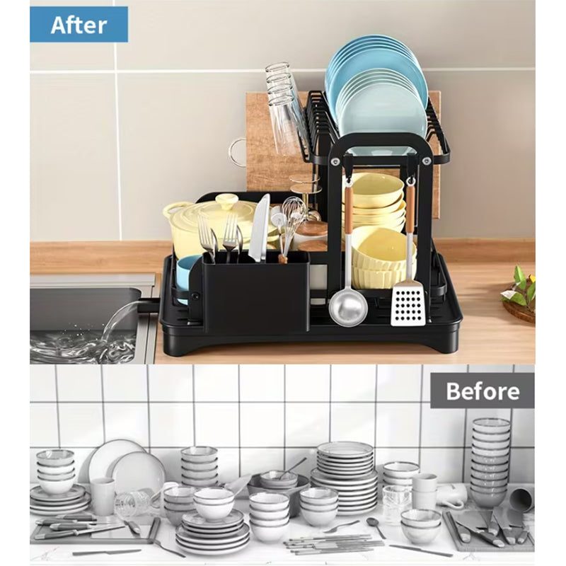 2-Tier Dish Drying Rack – Space-Saving Countertop Plate Organizer with Drain Tray, Kitchen Storage & Drainer