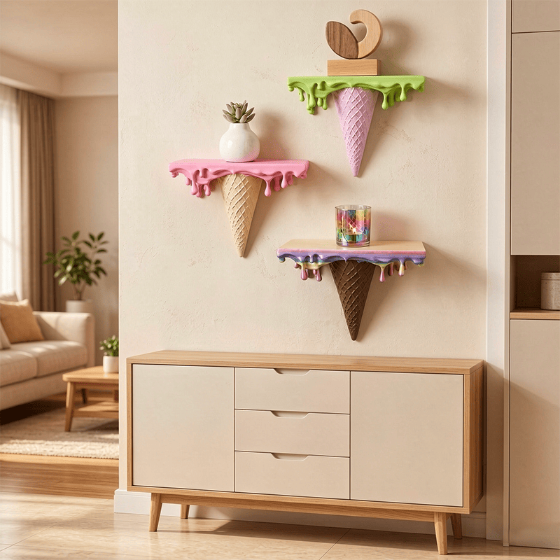 3D Printed Melting Ice Cream Floating Shelf – Wall-Mounted Drip Wall Decor, Funny Irregular Artistic Storage Rack