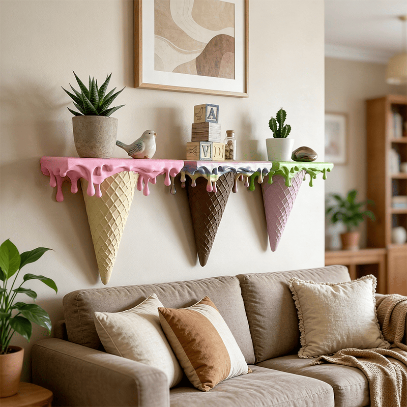 3D Printed Melting Ice Cream Floating Shelf – Wall-Mounted Drip Wall Decor, Funny Irregular Artistic Storage Rack