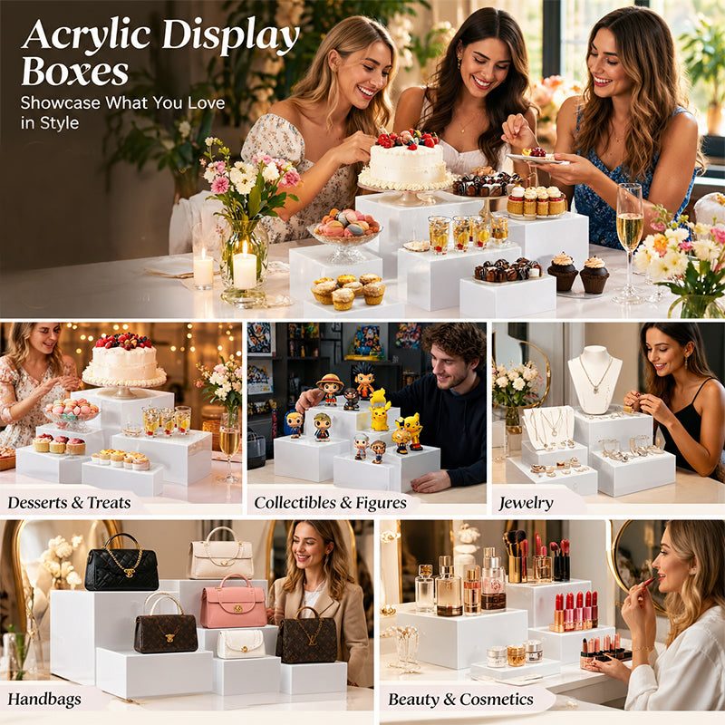 6Pcs Acrylic Buffet Riser Set – Stackable Food Display Stands, Dessert Cake Party Decorating Box, 6 Sizes