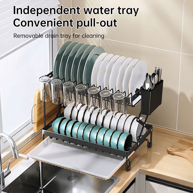 Foldable 2-Layer Kitchen Dish Rack, Large Capacity Countertop Drying Shelf for Bowls & Cutlery