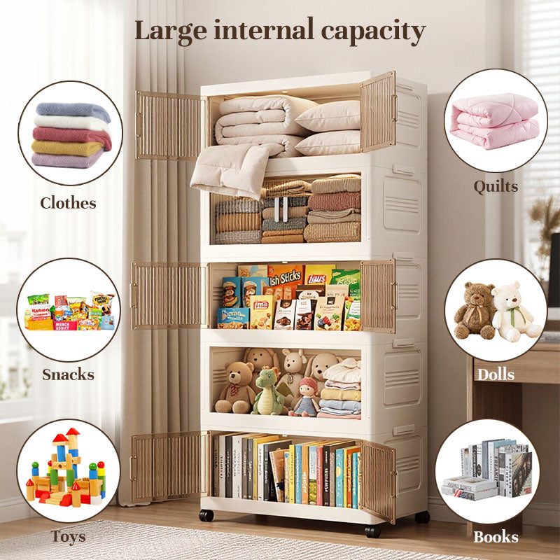 Folding Storage Cabinet with Wheels, 3/4 Tier Stackable Wardrobe Closet Organizer