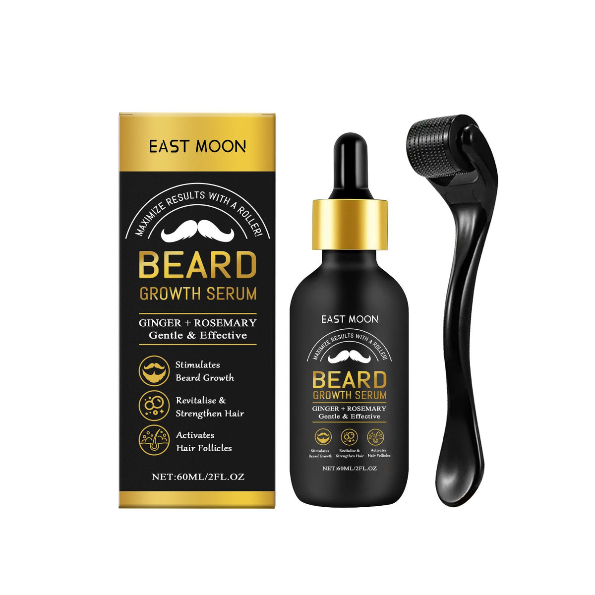 East Moon Beard Growth Serum & Derma Roller Kit – Ginger & Rosemary.
