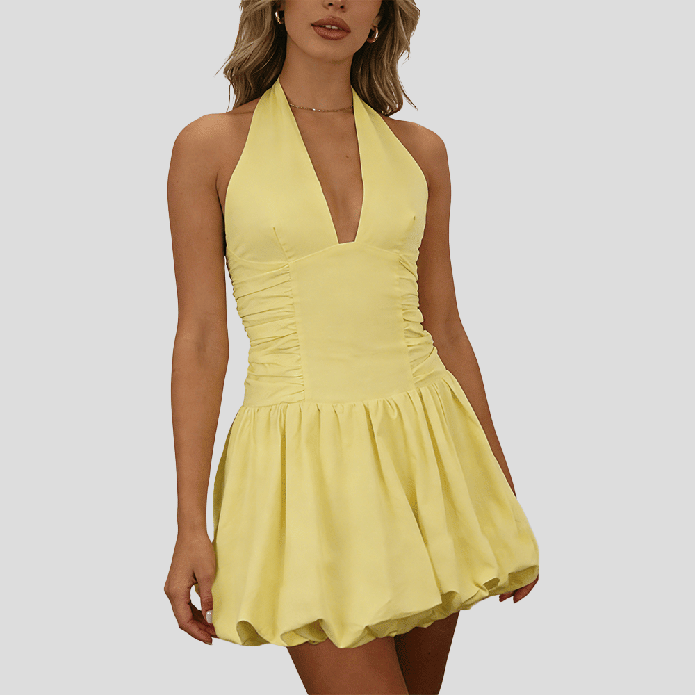 Women's Fashion Deep V Backless Halter Neck Tie Ribbon Bow Bubble Mini Dress.