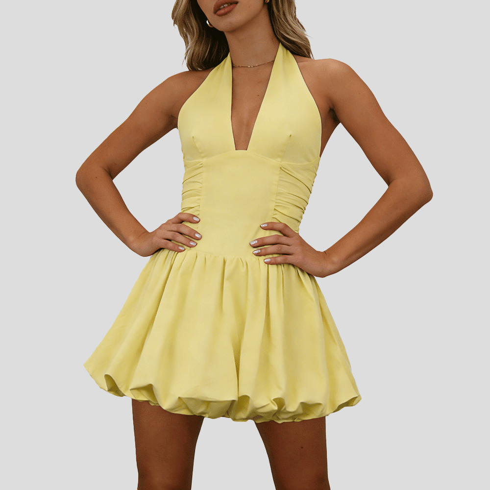 Women's Fashion Deep V Backless Halter Neck Tie Ribbon Bow Bubble Mini Dress.