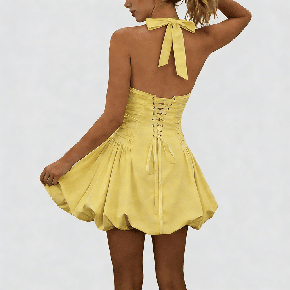 Women's Fashion Deep V Backless Halter Neck Tie Ribbon Bow Bubble Mini Dress.