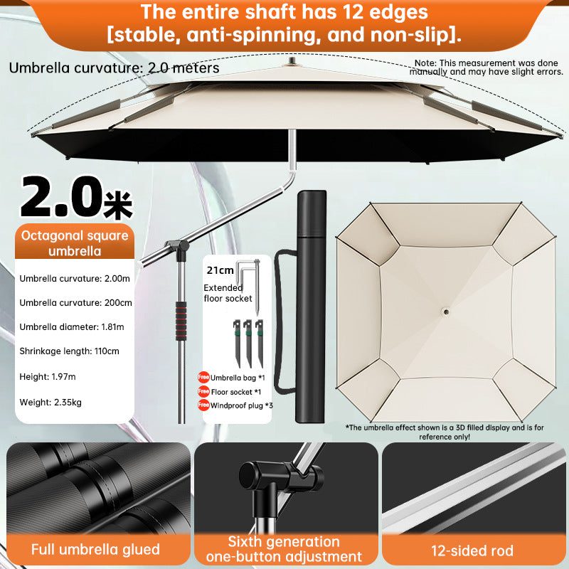 2.0-2.6m Octagonal Fishing Umbrella Portable Beach Sun Shade Camping Parasol UV Waterproof with Carry Bag