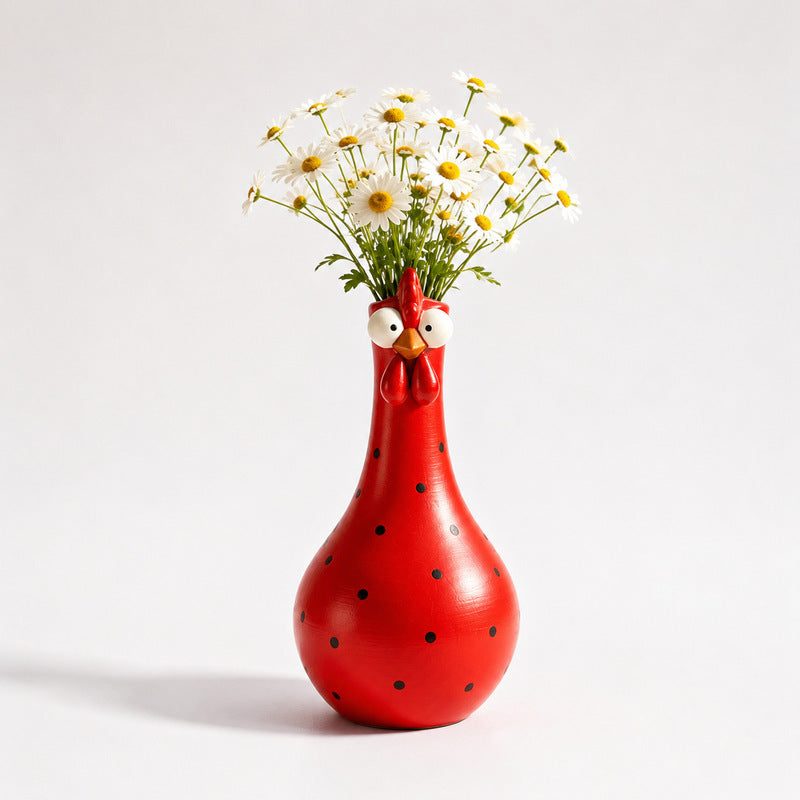 Hand-Painted Rooster Vase Sculpture | Long Neck Cartoon Rooster Decor with Colorful Polka Dots | Waterproof Resin Home Accent