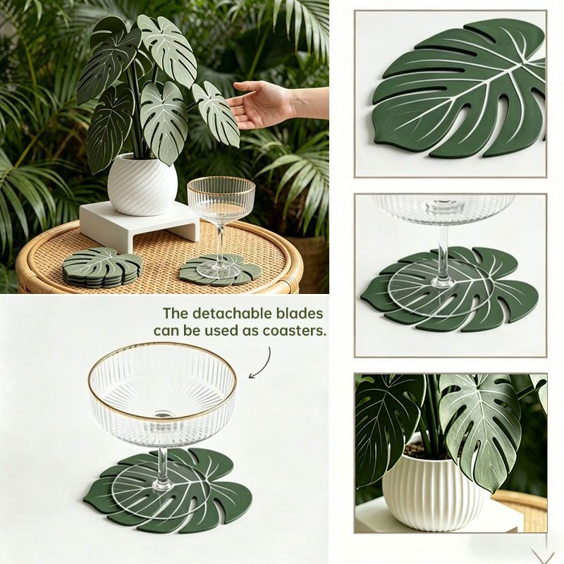 Monstera Leaf 3D Printed Coasters, Non-Slip Anti-Scald Plant Drink Mats, Tropical Desk Bar Kitchen Decor