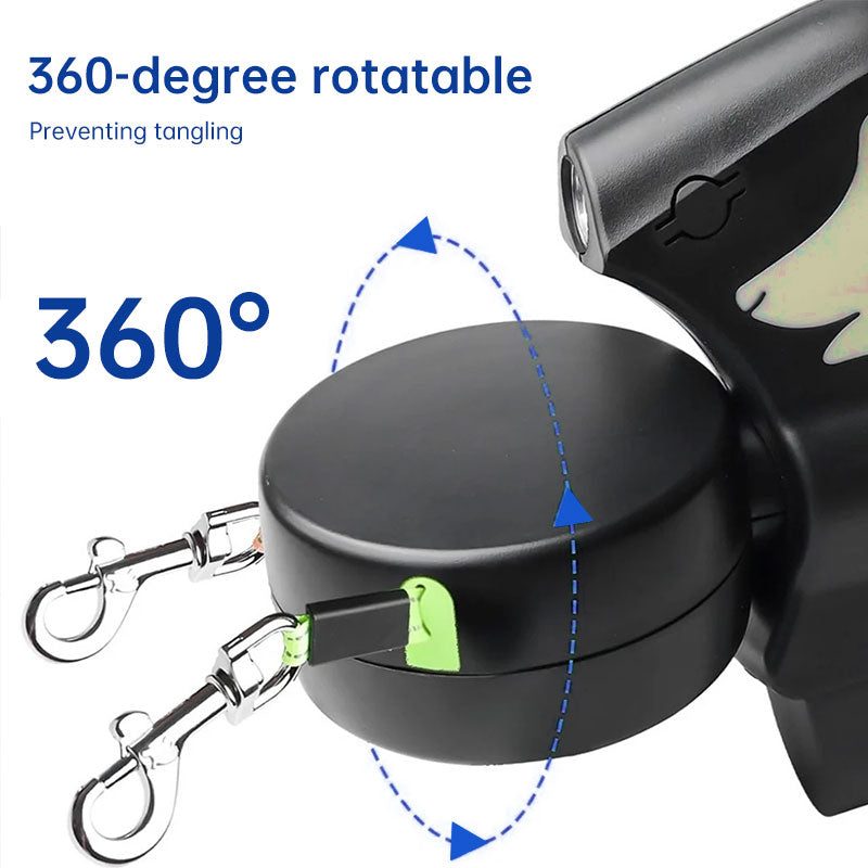 Dual / Double Dog Leash, 360° Retractable Roulette, 3M, LED Light, Tangle-Free, Double-Ended Traction Rope