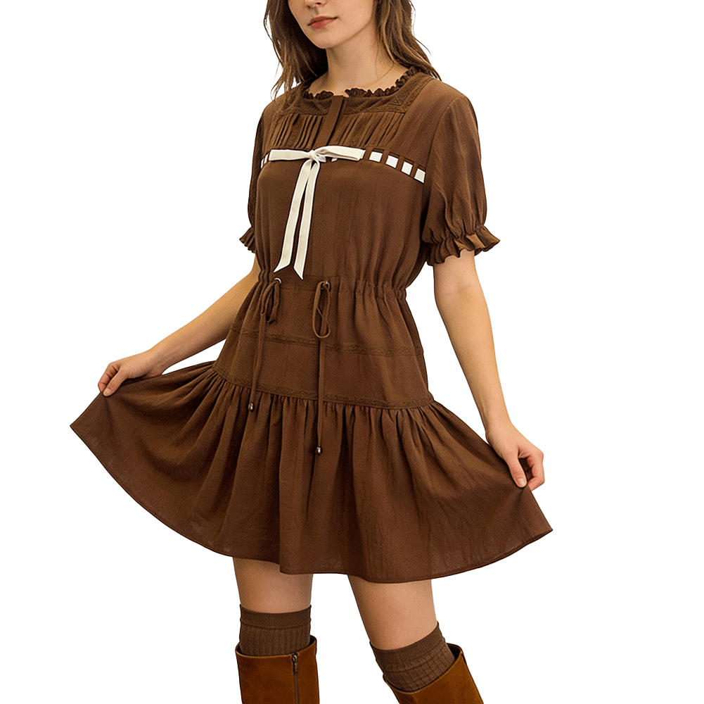 Women's fashionable French-style lace-trimmed velvet bow waist drawstring dress.