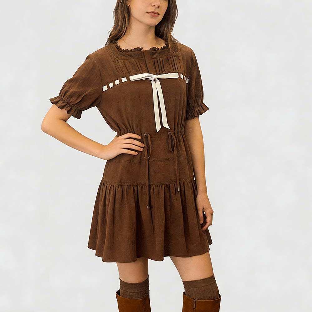 Women's fashionable French-style lace-trimmed velvet bow waist drawstring dress.