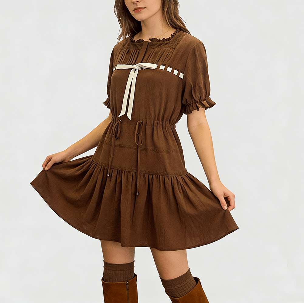 Women's fashionable French-style lace-trimmed velvet bow waist drawstring dress.