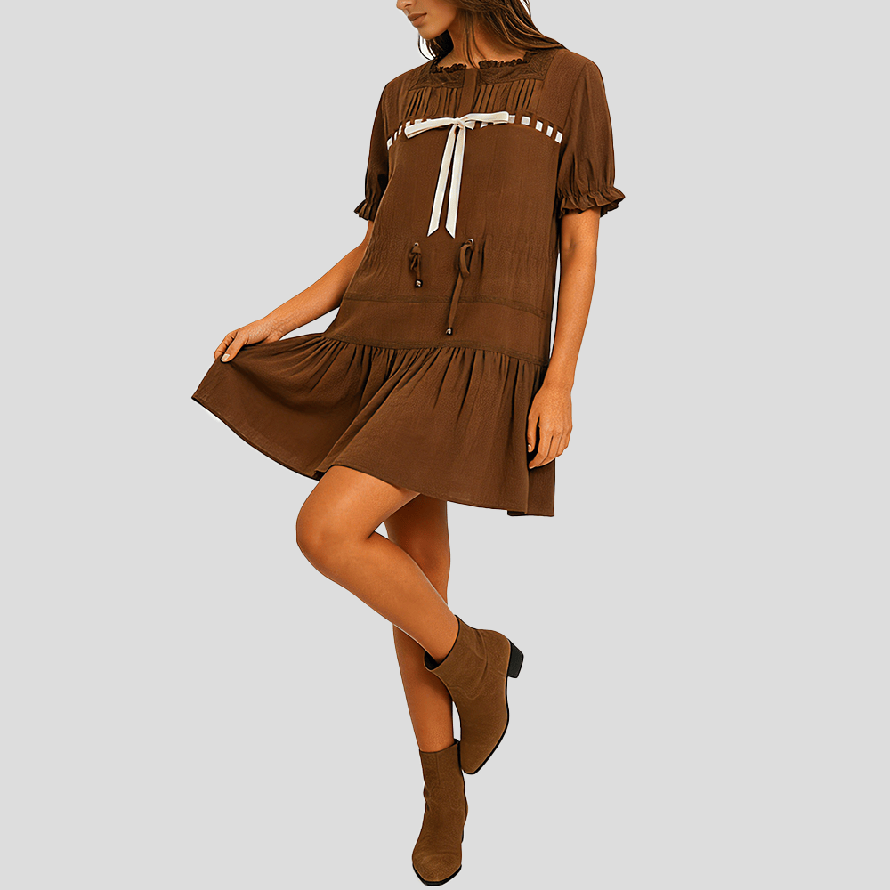Women's fashionable French-style lace-trimmed velvet bow waist drawstring dress.