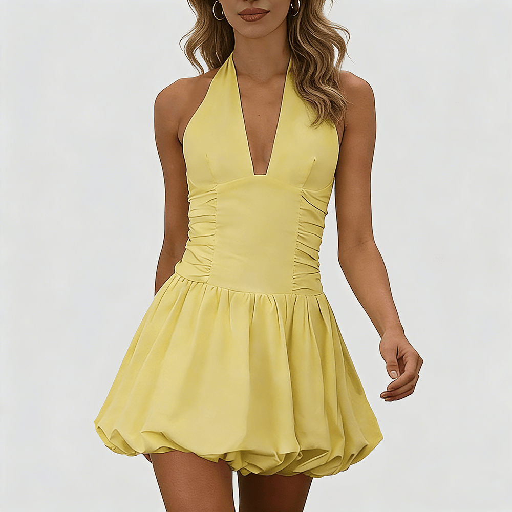 Women's Fashion Deep V Backless Halter Neck Tie Ribbon Bow Bubble Mini Dress.