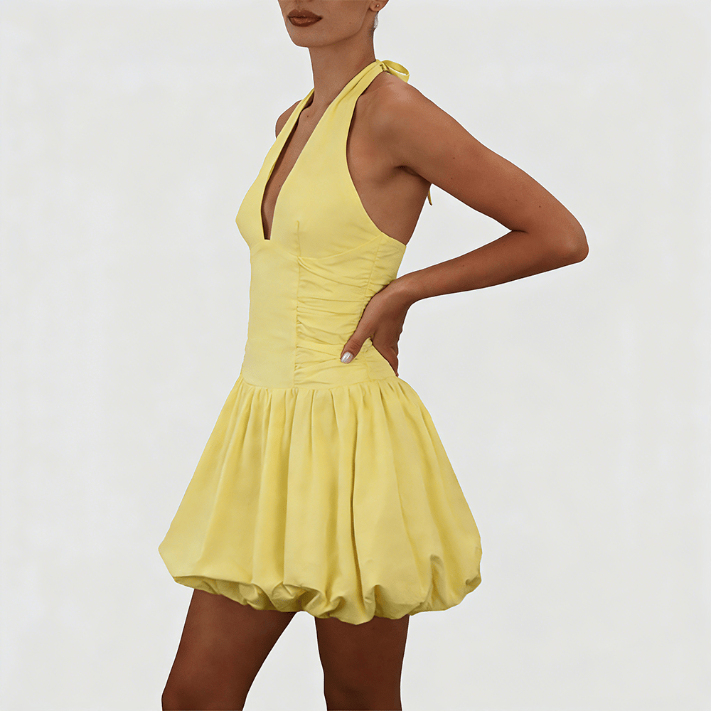 Women's Fashion Deep V Backless Halter Neck Tie Ribbon Bow Bubble Mini Dress.