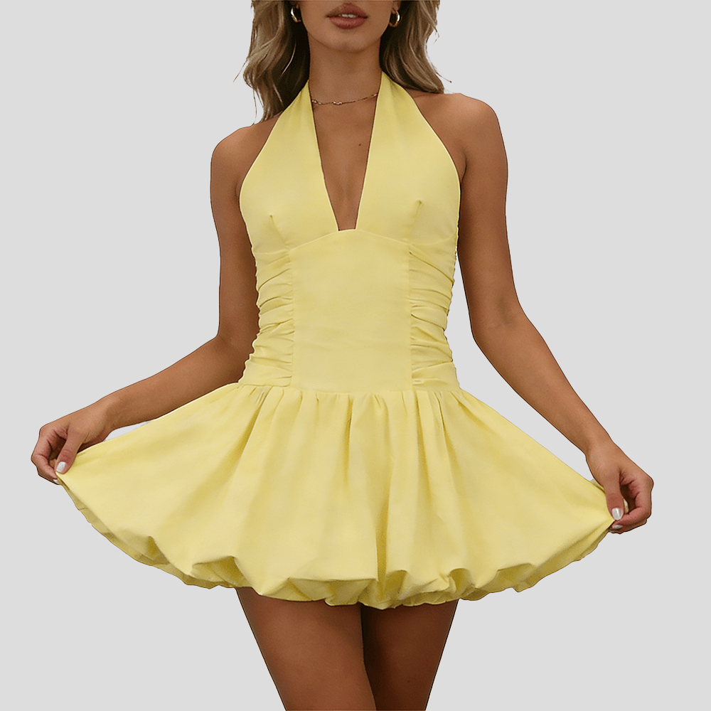 Women's Fashion Deep V Backless Halter Neck Tie Ribbon Bow Bubble Mini Dress.