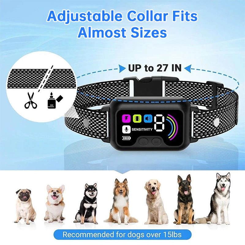 Smart Dog Bark Control Collar w/ Color Screen, Multi Stop Modes, 8-Level Sensitivity, IP67 Waterproof.